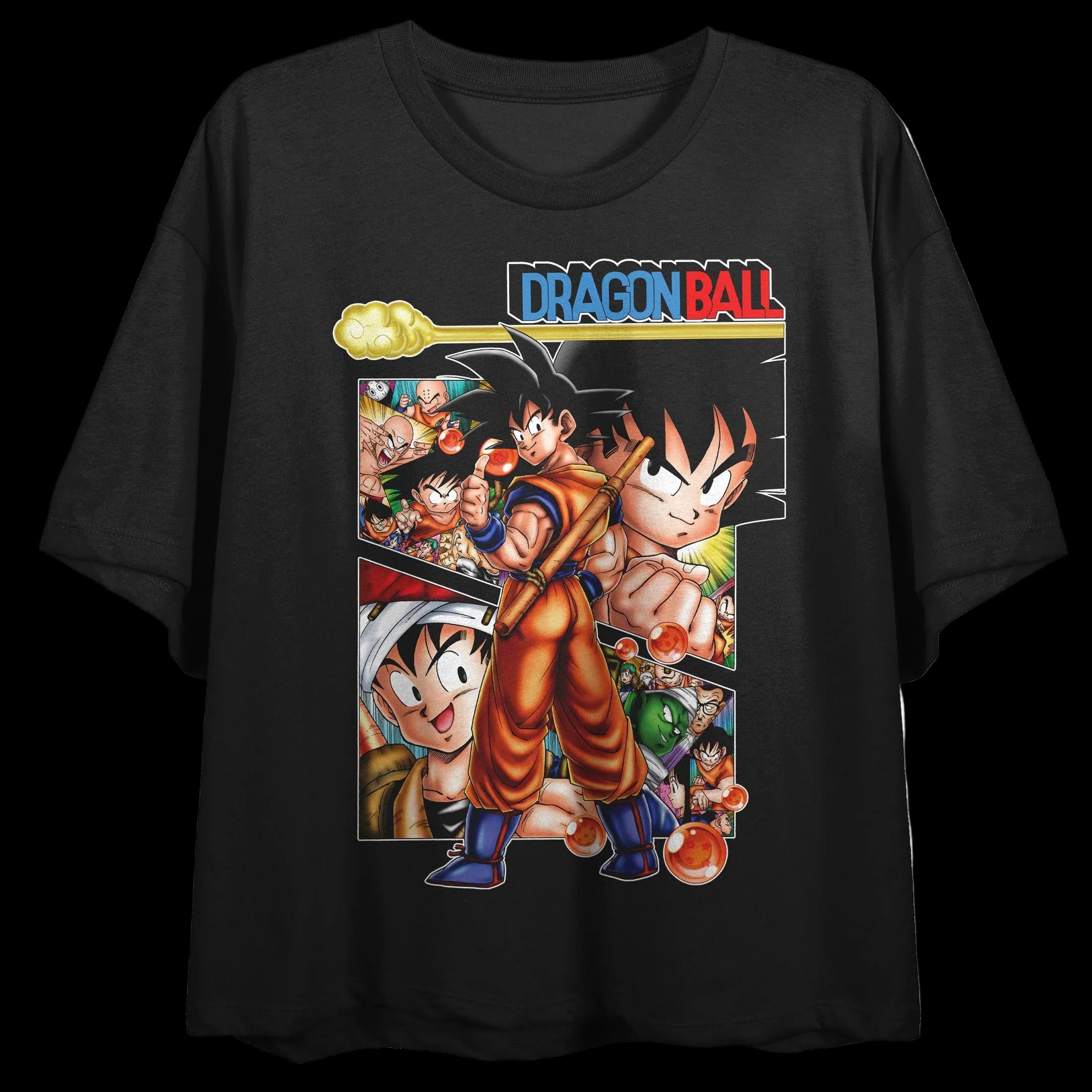 Dragon Ball Classic Group & Logo Crew Neck Short Sleeve Women's Black Crop T-shirt
