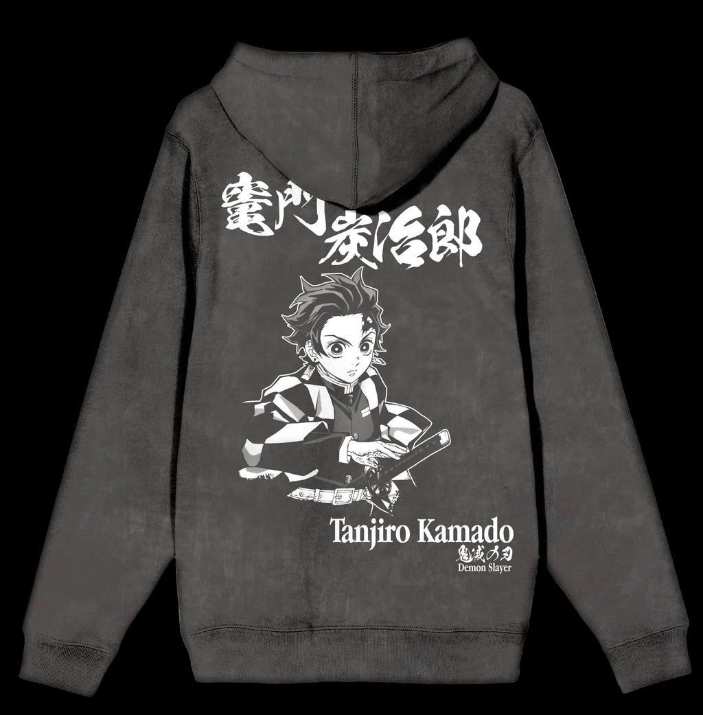 Demon Slayer Tanjiro Character Art Men’s Charcoal Mineral Wash Long Sleeve Hooded Sweatshirt